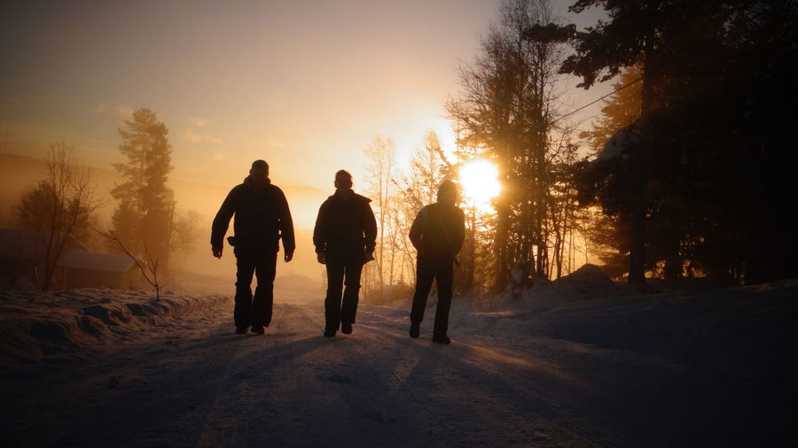 Rear view of silhouette people walking on snow during sunset