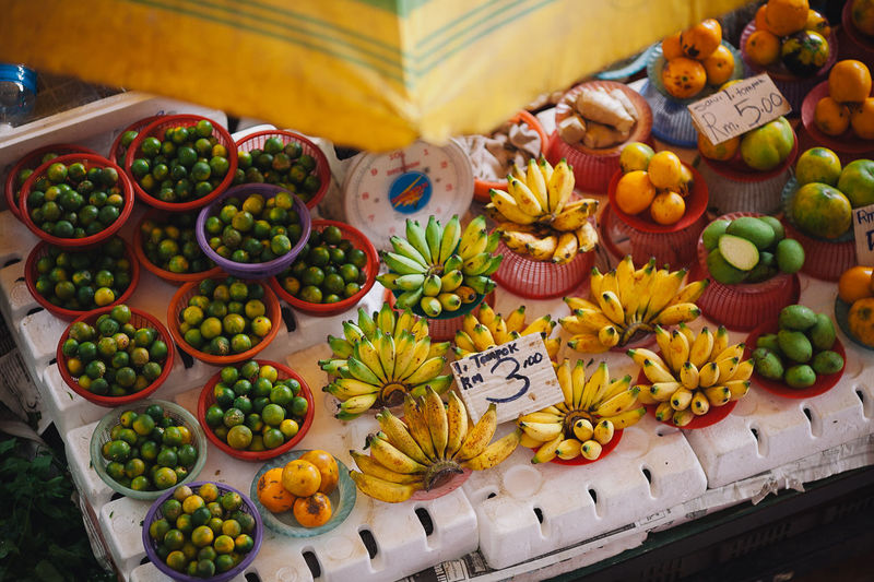 High angle view of various food for sale at market stall