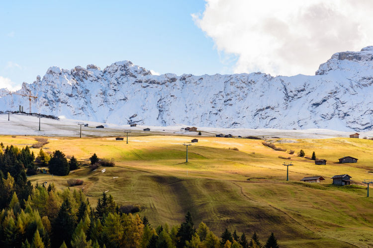Scenic view of landscape and snowcapped mountains against sky at seiser alm