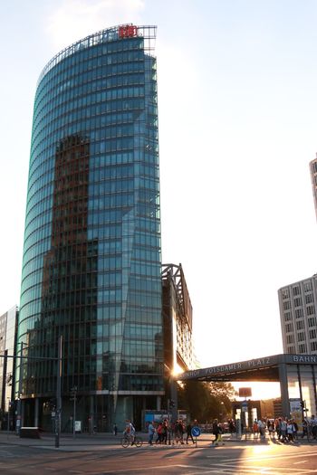 Modern buildings in city against clear sky