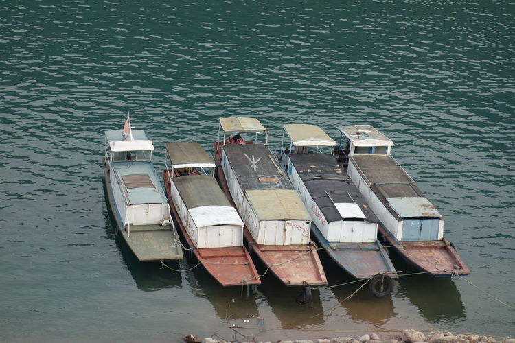 High angle view of ship moored on sea