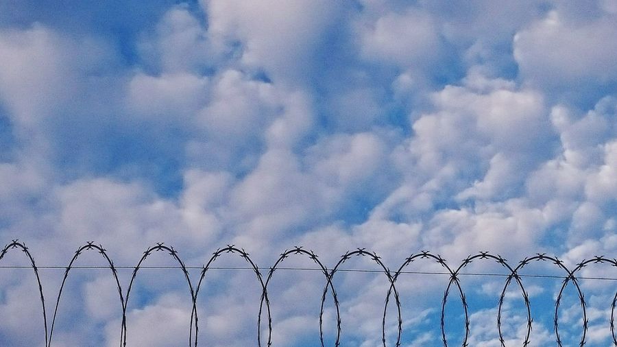 Low angle view of razor wire against sky
