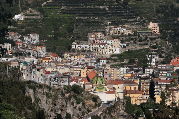 High angle view of  maiori and the surrounding terraces