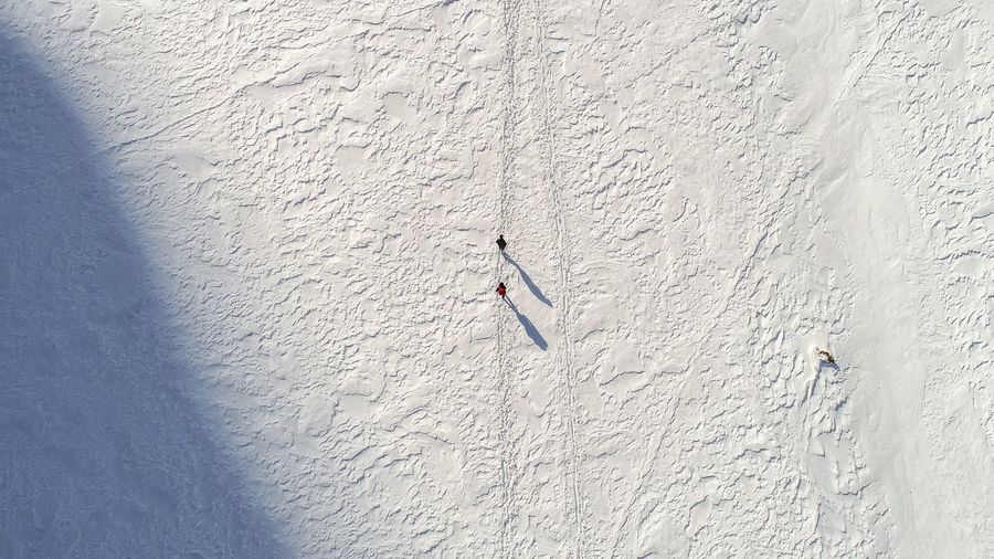 Directly above shot of man and woman walking snow covered field