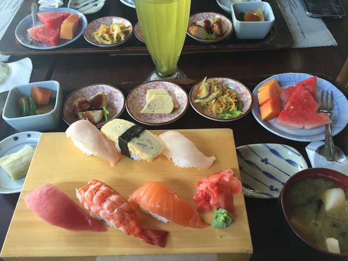 Close-up of sushi served on table