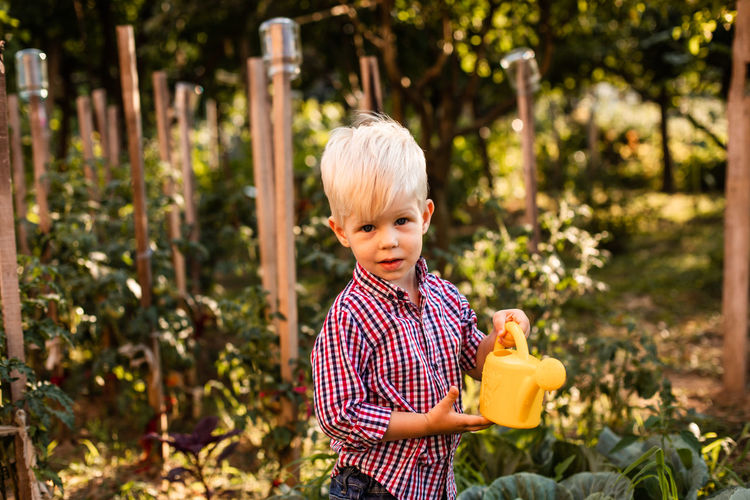 Portrait of boy holding plant
