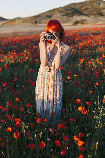 Redheaded woman photographing through camera while standing at poppy field