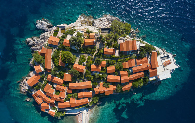 Aerial view of sveti stefan island with houses in montenegro