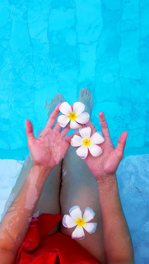 High angle view of woman hand by swimming pool