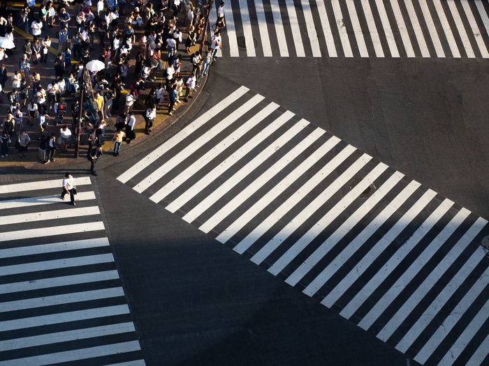 High angle view of crowd by zebra crossing on sidewalk