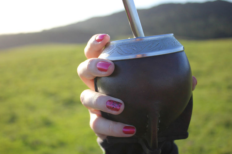 Close-up of woman holding mate at field