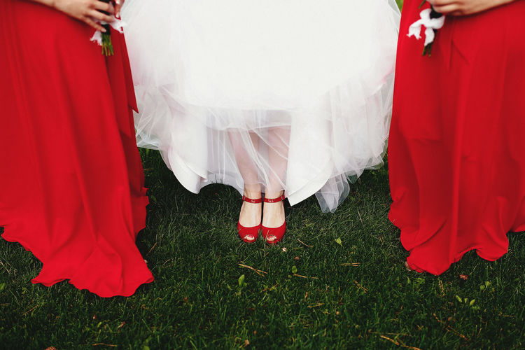 Bride in white dress with bridesmaids in red dresses on the green grass. blurred background