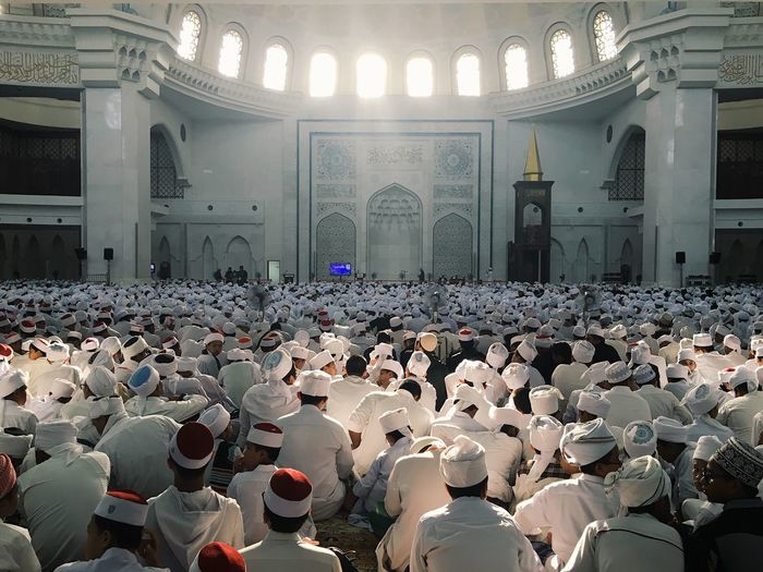 Group of muslim people inside main mosque in malaysia
