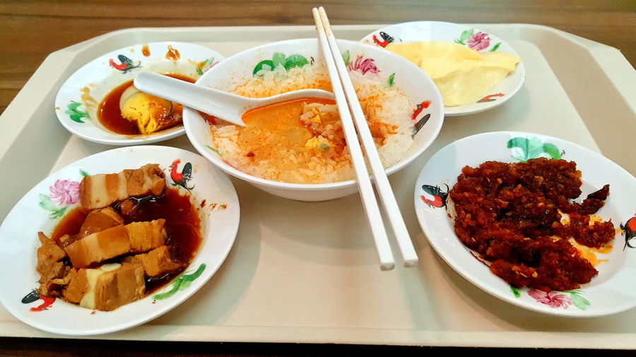 High angle view of meal served on table