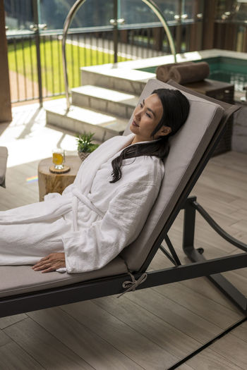 A women relaxing at the spa at edgewood in stateline, nevada.