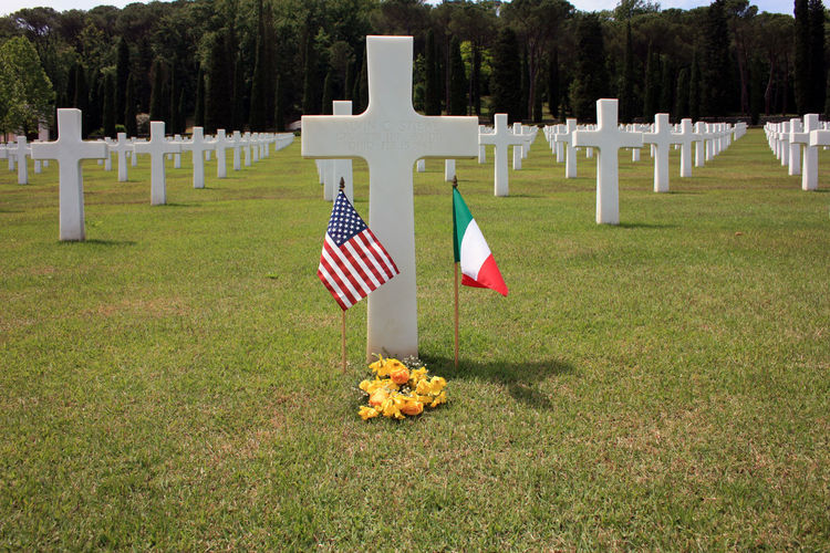 Row of flags at cemetery