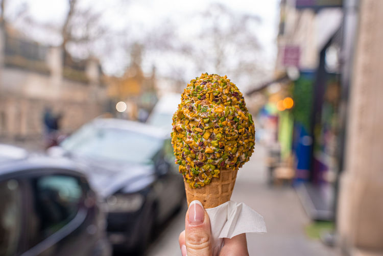 Delicious ice cream in a beautiful paris, france