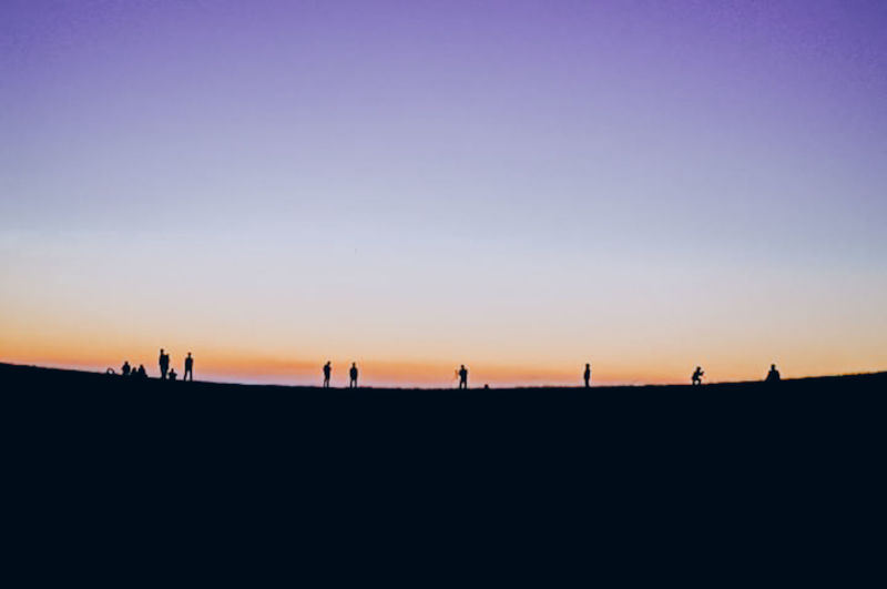 Silhouette people on landscape against clear sky during sunset