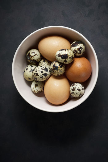 Quail and chicken eggs on a bowl.