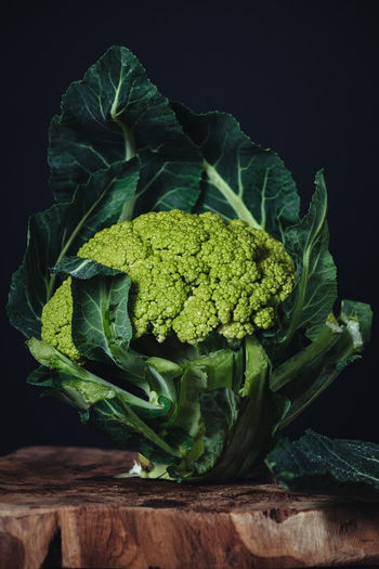Close-up of green vegetables on table against black background