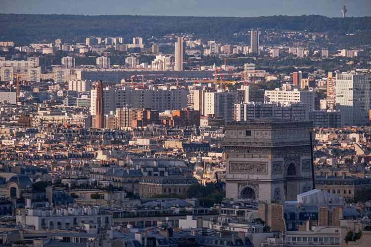 Panorama aerial view - skyline of paris, france. triumph arch