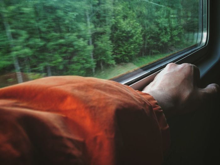 Cropped hand by window in train