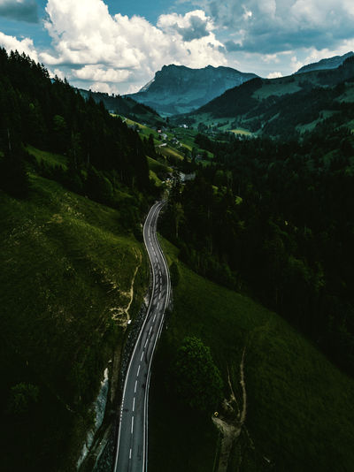 Aerial view of mountain road against sky