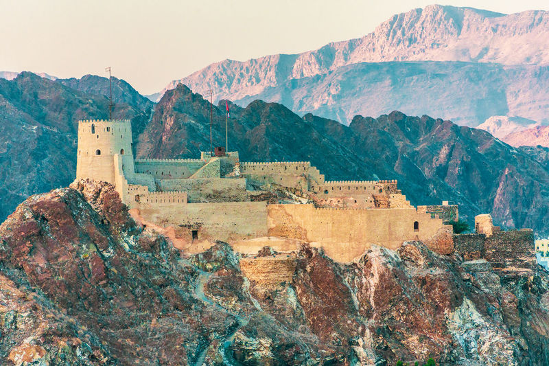 Panoramic view of the mutrah fortress in muscat, oman.