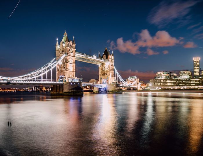 Suspension bridge over river at night