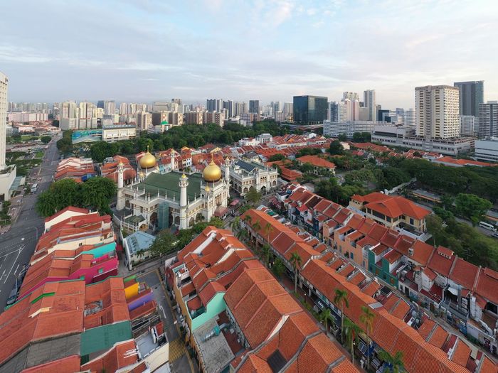 High angle view of buildings in bugis against sky