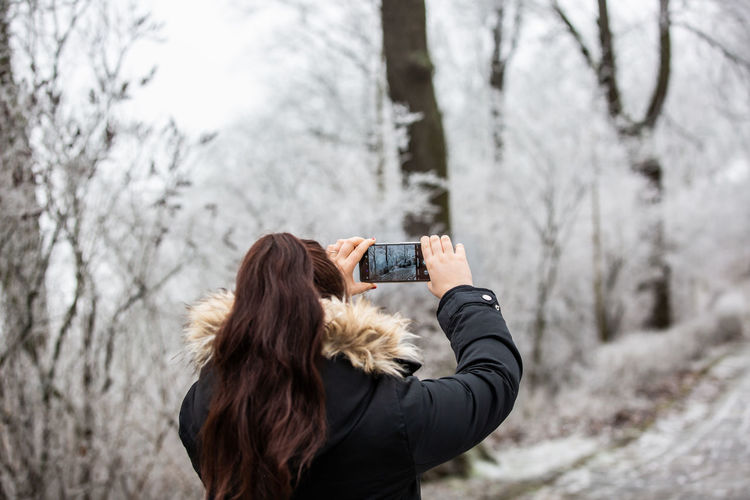 Rear view of woman photographing while standing on snow covered tree