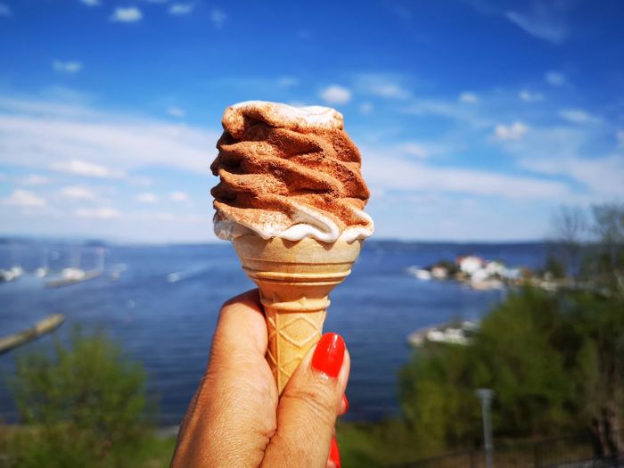 Close-up of hand holding ice cream cone against sky