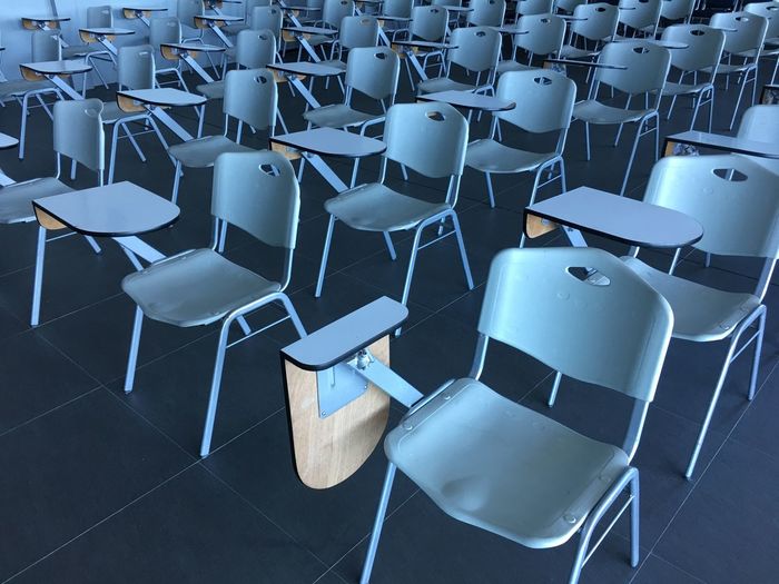 High angle view of empty chairs in classroom