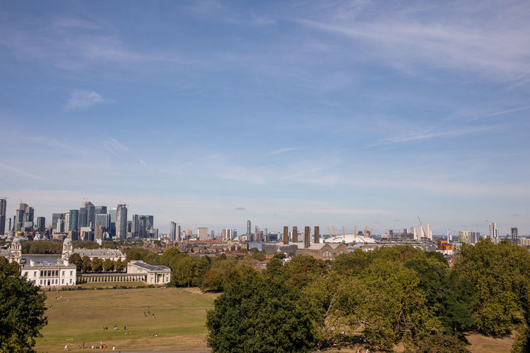 Trees and buildings in city against sky