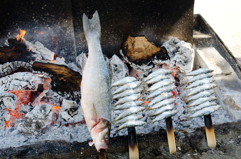 Rows of anchovies and sardine on wooden skewers cooking on a beach bbq