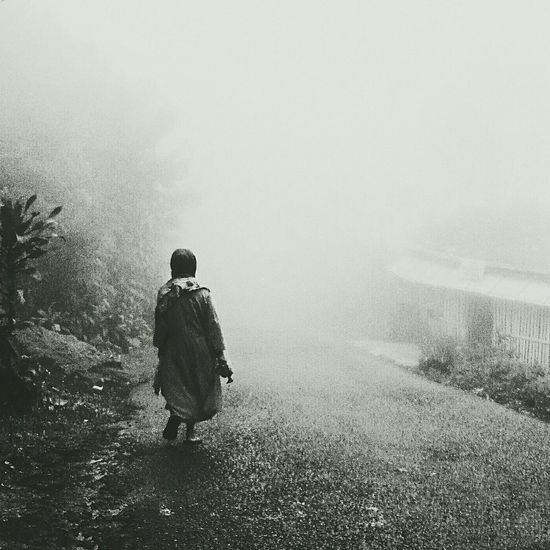 Rear view of woman standing in foggy weather