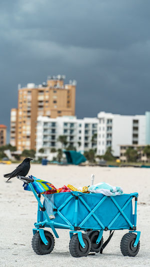 Deck chairs on beach against buildings in city