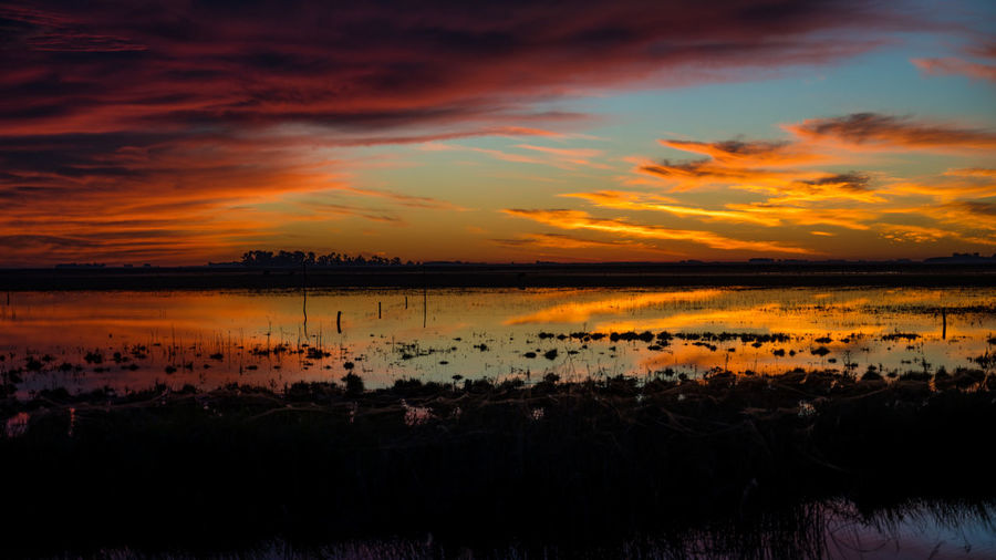 Scenic view of sea against dramatic sky during sunset