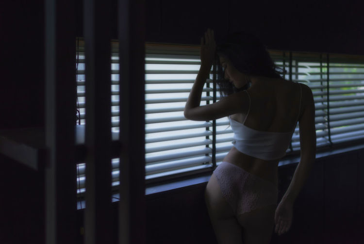 Rear view of seductive young woman standing by window blinds at home