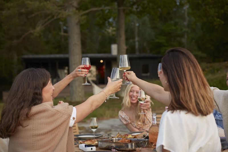 Female friends having toast outdoors