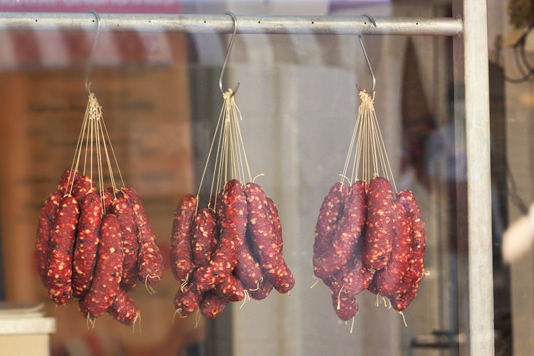 Close-up of meat hanging for sale in market