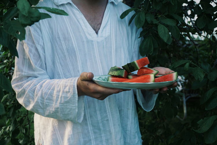 Midsection of person holding watermelon slices against plants