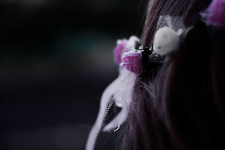 Close-up of woman wearing flowers on hair