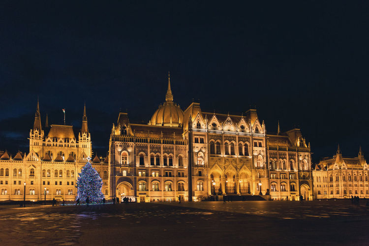 Budapest parliament at night illuminated at christmas