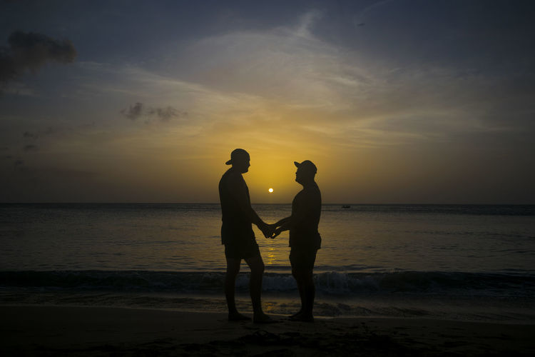 Men holding hands while standing at beach during sunset