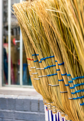 Close-up of wicker basket on wood