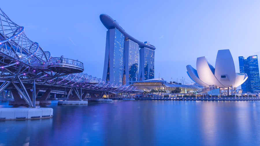 The helix bridge, marina bay sands and art science museum at twilight time