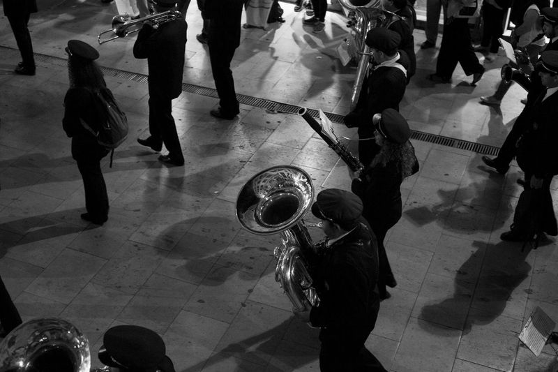 High angle view of people playing trumpet during event