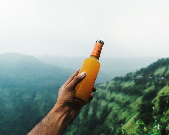 Cropped hand holding bottle against mountains