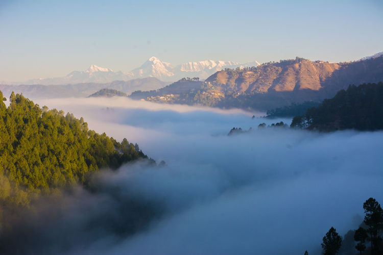 View of the himalayas with trees and clouds in the foreground